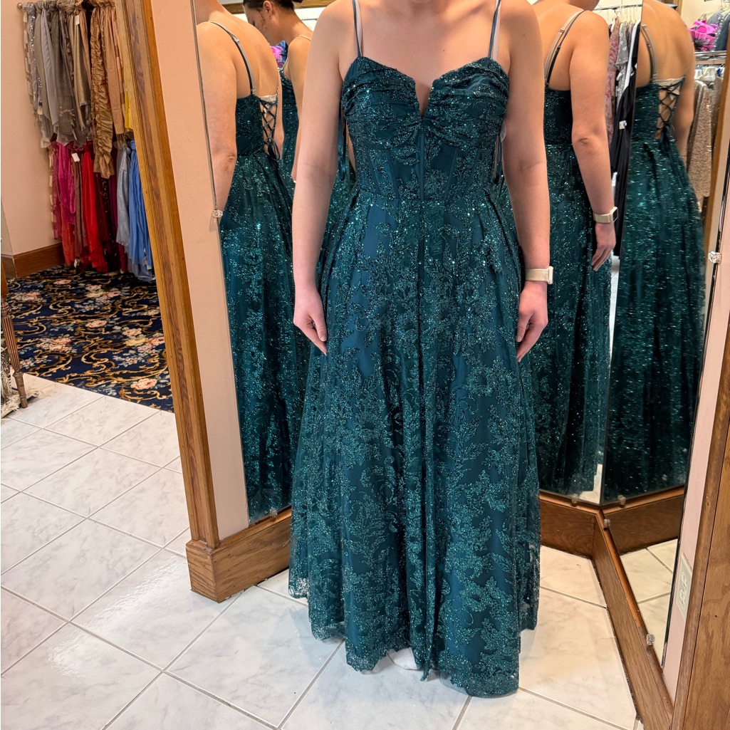 Elegant Teal Green Lace-Up Evening Gown - Women